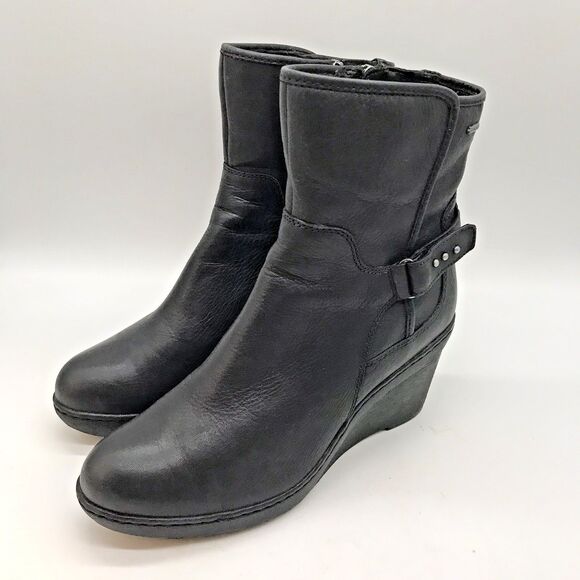 Clarks Artisan Natira Kit Gore-Tex Leather Wedge Boot Women's 9.5 Black Side Zip - Picture 3 of 13